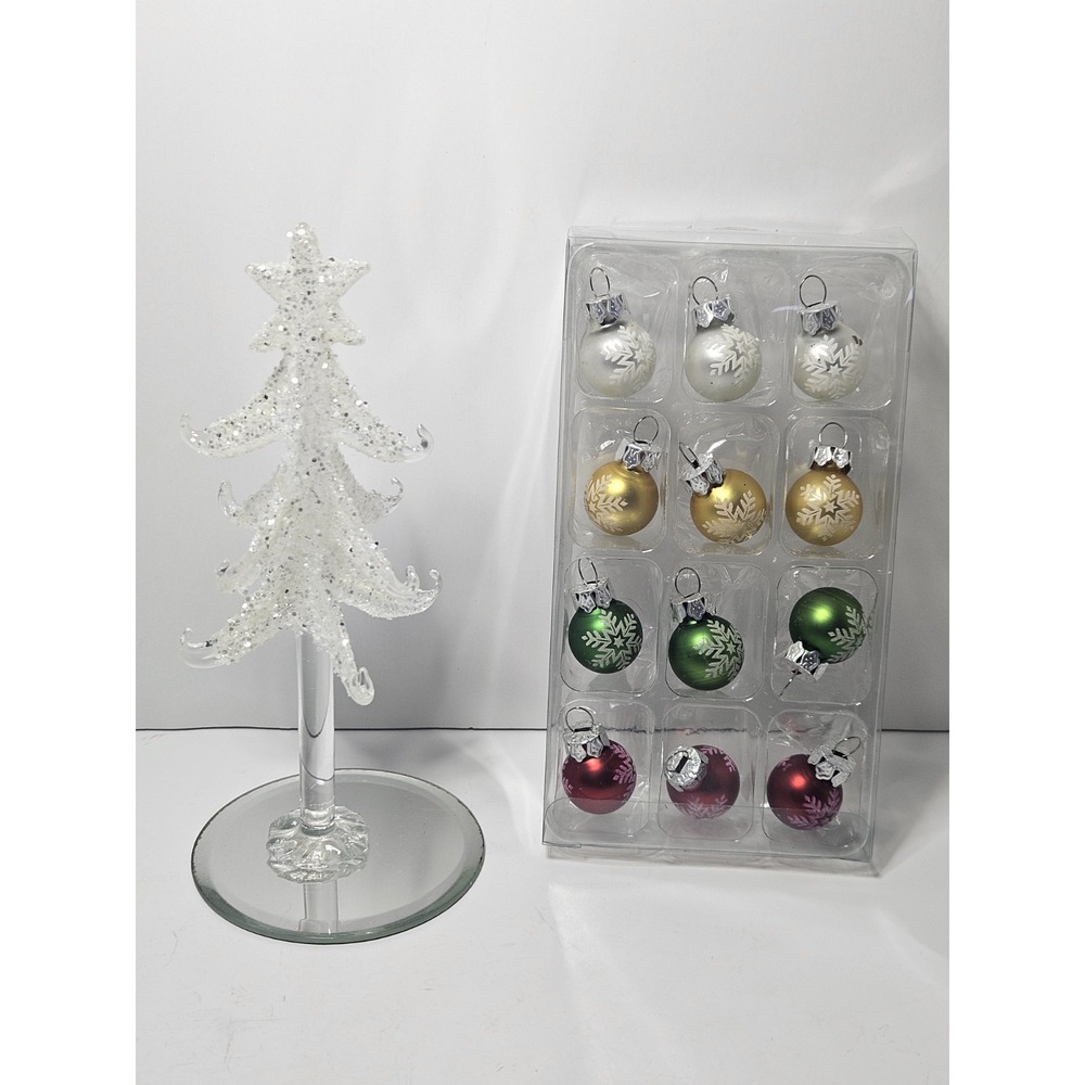 Ashland Glass Christmas Tree Tabletop Decor and 12pc Miniature Ornaments Set NIB